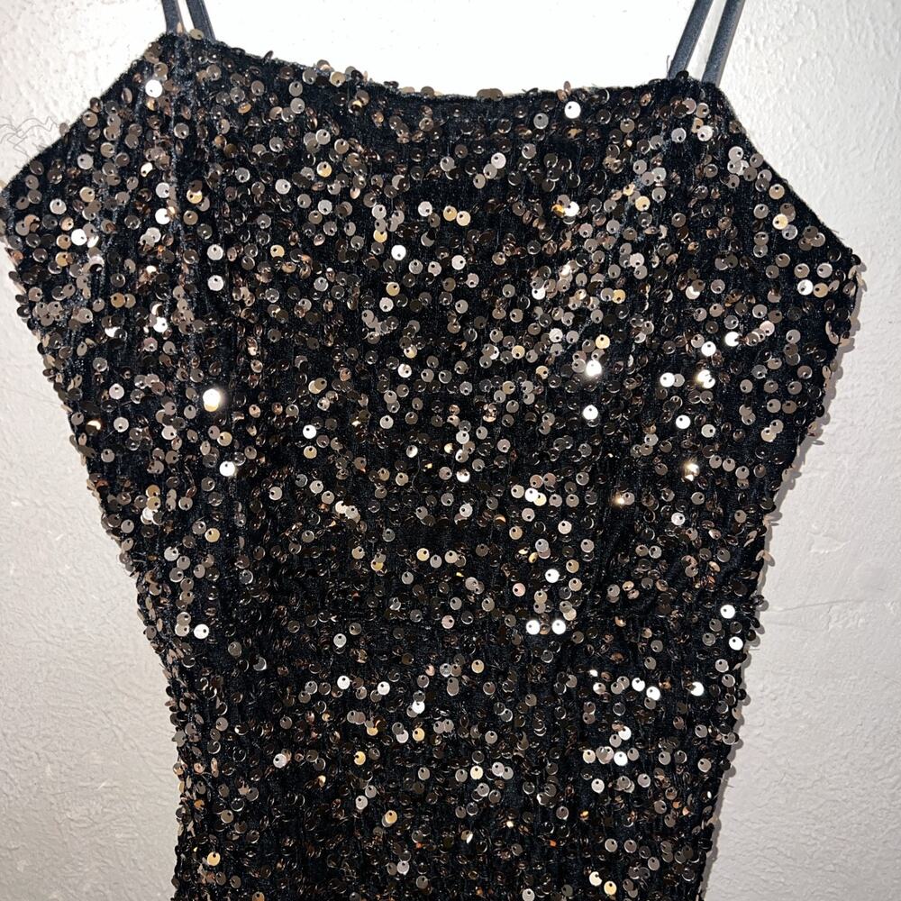 Crystal Sky Gold Sequin Mini Dress XS Black Metallic Spaghetti Strap Party Glam - Picture 3 of 14